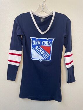 New York Rangers front logo WS Navy V-Neck Long Sleeve red white details shirt